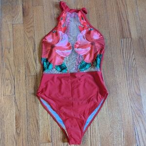 NWOT Medium Red Floral‎ Halter Swimsuit